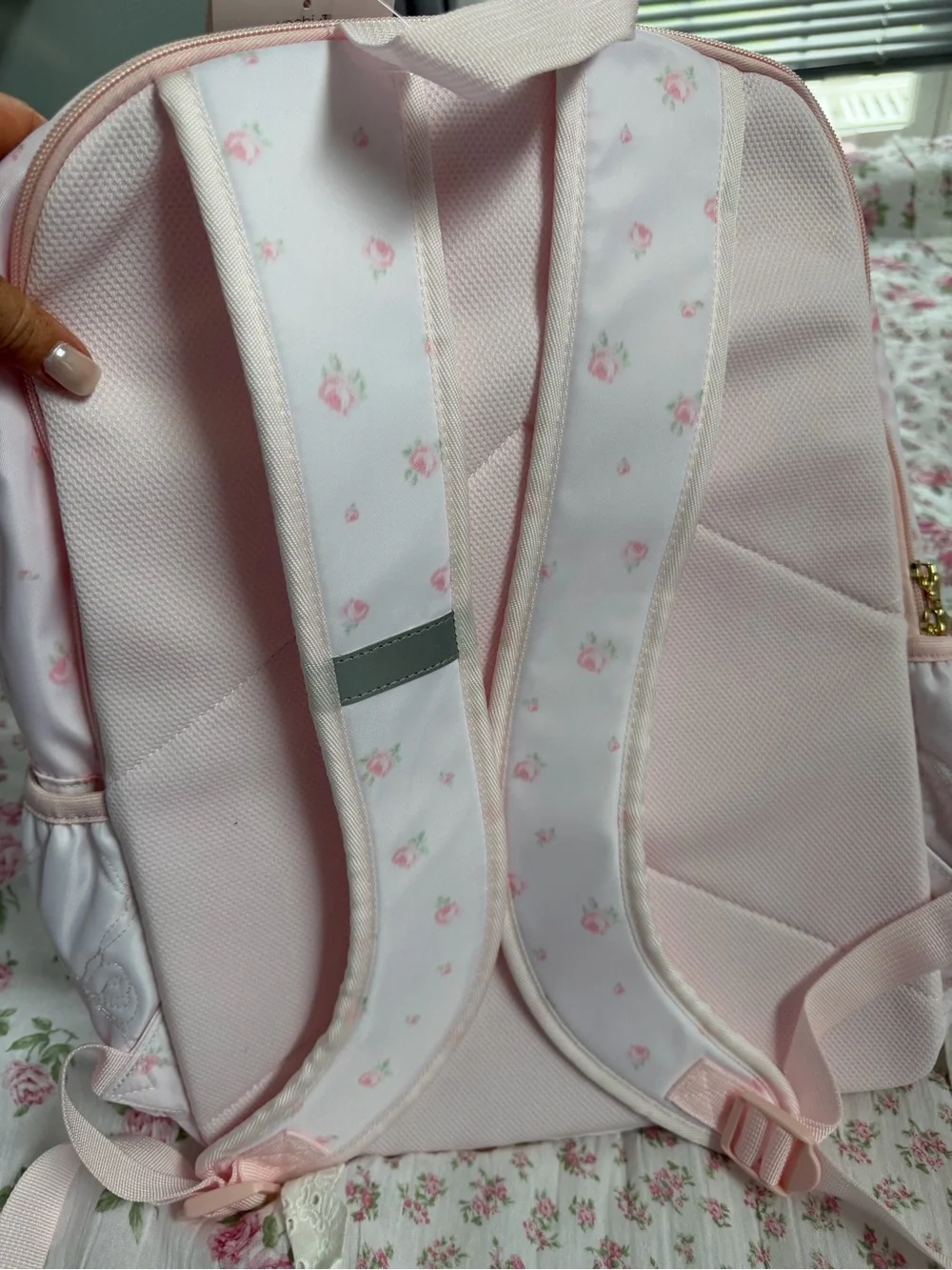 LoveShackFancy Pink Floral Quilted Backpack with Gold Accent Tag